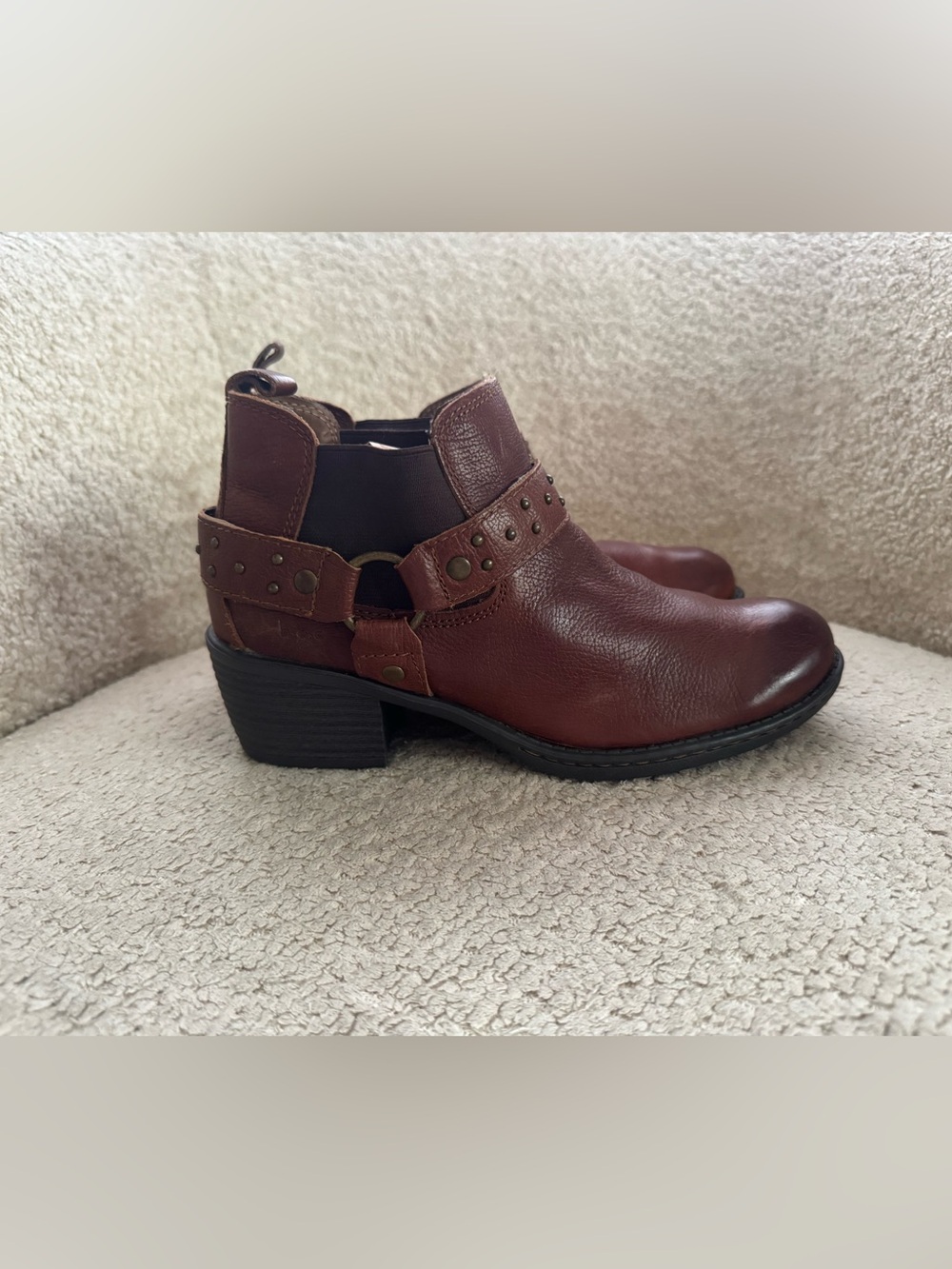 B.O.C. Born Claudette Womens 7 Brown Leather Ankle Boots Harness Studded Moto